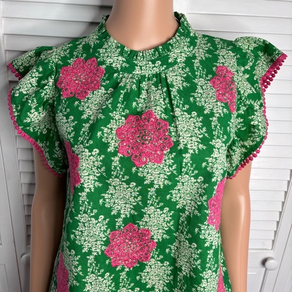 THML Green Pink Floral Ruffled Cap Sleeve Blouse Size Small - Picture 2 of 9